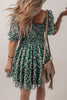 Green Smocked Square Neck Puff Short Sleeve Floral Dress