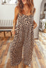 Khaki Leopard Print Square Neck Pleated Wide Leg Jumpsuit