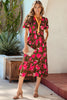 Green Floral Print Striped Trim Split Neck Short Puff Sleeve Ruffle Hem Maxi Dress