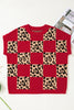Green Leopard Checkerboard Short Sleeve Knit Sweater