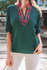 Evergreen Contrast Plaid Patchwork V Neck Half Sleeve Blouse
