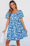 Blue Floral Puff Sleeve Babydoll Mini Dress