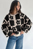 Black Flower Plaid Henley Baggy Sweater