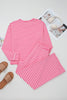 Pink Stripe Drop Shoulder Round Neck Top and Buttoned Straight Pants Two Piece Set