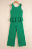 Green Solid Color Ribbed Ruffle Tank Top and Pants Set