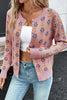 Pink Floral Button Down Ribbed Banded Cardigan Sweater
