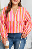 Pink Stripe Crinkled Half Buttons V Neck Plus Size Blouse