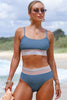 Dusk Blue Colorful Stitch Border Detail 2pcs High Waist Bikini Swimsuit