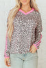 Khaki Leopard Print Contrast V Neck Varsity Stripe Detail Long Sleeve Top