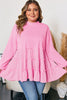 Pink Tiered Ruffle Ribbed Crew Neck Pullover Plus Size Top