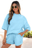 Light Pink Solid Color Exposed Seam Mock Neck Oversize Tee Casual Shorts 2pcs Outfit