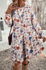 Khaki Tiered Floral Round Neck Ruffled Long Sleeve Dress