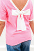 Bonbon Colorblock Bow V-Shape Cut Back Short Sleeve Sweater