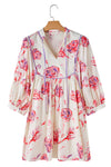 Pink Floral Print Balloon Sleeve V Neck Babydoll Mini Dress