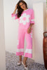 Orchid Bouquet Big Flower Patched Raw Seam Color Block 2 Piece Loose Pant Set