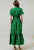 Green Floral Print Split Neck Shirred High Waist Ruffle Hem Maxi Dress