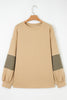 Laurel Green Exposed Seam Contrast Texture Patchwork Plus Size Drop Shoulder Pullover