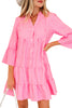 Pink Stripe Flare Sleeve Half Placket Tiered Flowy Mini Dress