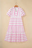 Pink Stripe Ricrac Trim Notched Neck Half Sleeve Vacation Dress