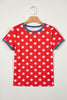 Red Stars Print Colorblock Binding Tape Collar Cuff Viscose Tunic Top