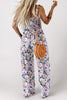 Purple Floral Print Smocked High Waist Square Neck Jumpsuit