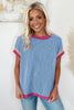 Sky Blue Textured Contrast Trim Round Neck T Shirt