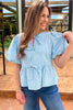 Sky Blue Stripe Bow Knot Textured Short Puff Sleeve Babydoll Blouse