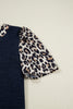 Navy Blue Ribbed Contrast Leopard Patchwork Short Sleeve Top