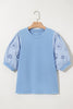 Beau Blue Eyelet Flower Embroidered Puff Short Sleeve Patchwork Crew Neck Blouse