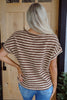 Brown Stripe Textured Side Slits Crew Neck T Shirt