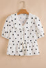 White Polka Dot Collared Lace up Font Puff Sleeve Peplum Top