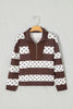 Brown Stripe Patchwork Polka Dot Accent Quarter Zip Long Sleeve Top