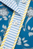 Blue Striped Trim Half Buttons Short Sleeve Floral Dress