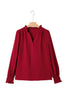 Burgundy Notched Neck Shirred Cuff Long Sleeve Blouse