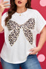 White Plus Size Leopard Bow Embroidered Patch Casual T Shirt