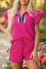 Strawberry Pink Striped Detail Flutter Sleeve Zipped Collar Short Set