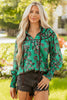 Green Leaves Print Contrast Trim V Neck Shirred Puff Sleeve Blouse