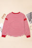 Red Stripe Exposed Seam V Neck Balloon Sleeve Pullover