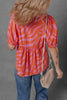 Orange Zebra Stripe Print Ruched Cuff Half Sleeve V Neck Blouse