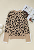 Brown Leopard Pattern Lace Ribbed Detail Button Cuffed Sweater