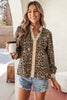 Khaki Contrast Striped Trim V Neck Leopard Shirt