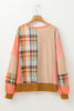 Multicolour Waffle Knit Plaid Patchwork Side Slits Loose Sweatshirt