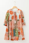 Orange Boho Paisley Mixed Print 3/4 Sleeve Chiffon Loose Dress