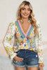 Sky Blue Floral Print Ruffled Long Sleeve Crochet Trim V Neck Blouse