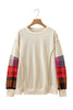 Beige Contrast Plaid Long Sleeve Exposed Seam Patchwork Top