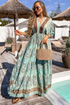 Green Boho Floral Print Lace-up Open Back High Waist Maxi Dress