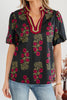 Black Floral Short Bubble Sleeve Contrast Slit Neckline Blouse