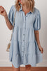 Beau Blue Shirt Collar Button Up Short Puff Sleeve Tiered Shift Dress