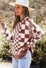 Khaki Checkered Print Drop Shoulder Round Neck Sweater