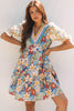 Multicolour Boho Floral Print Crochet Patchwork V Neck Loose Mini Dress